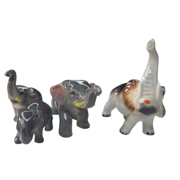 Vintage Ceramic Elephant Figurines Lot of 4 – Glazed Porcelain Miniatures, Trunk - Picture 2 of 6